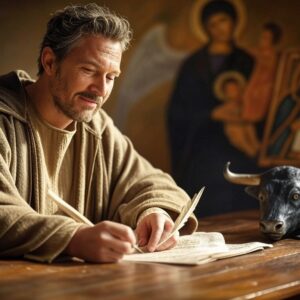 Obraz svatého Lukáše by měl zachycovat tohoto evangelistu v jeho tradiční ikonografii. Měl by být zobrazen jako muž středního věku s klidným a soustředěným výrazem, často s krátkými vlnitými vlasy a upraveným vousem. Může být oblečen v dlouhý plášť a tuniku, typické oděvy biblické doby. Mezi hlavní atributy svatého Lukáše patří: Býk nebo tele – symbol evangelisty Lukáše, který představuje oběť a kněžství, jelikož jeho evangelium začíná příběhem Zachariáše v chrámu. Kniha nebo svitek – jako autor evangelia a Skutků apoštolů drží knihu nebo rozvinutý pergamen s textem. Pero nebo rydlo – symbol jeho spisovatelské činnosti, často je zachycen při psaní. Paleta a štětce – podle tradice byl také malířem, a tak je někdy zobrazován při tvorbě ikony Panny Marie. Anděl nebo inspirace Ducha Svatého – někdy je u něj znázorněna postava anděla nebo paprsek světla, který symbolizuje božské vnuknutí. Obraz by mohl být komponován jako scéna, kde Lukáš sedí u stolu, pečlivě píše své evangelium, zatímco vedle něj odpočívá býk. Může být také zachycen v akt malby Panny Marie, držící dítě Ježíše, což odkazuje na legendu o jeho ikonografickém díle. Barevně by mohl být laděn do teplých, přirozených tónů, které vyjadřují duchovní klid a moudrost.