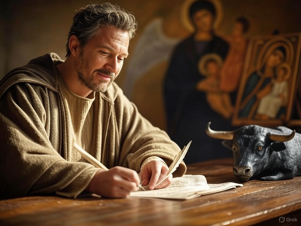 Obraz svatého Lukáše by měl zachycovat tohoto evangelistu v jeho tradiční ikonografii. Měl by být zobrazen jako muž středního věku s klidným a soustředěným výrazem, často s krátkými vlnitými vlasy a upraveným vousem. Může být oblečen v dlouhý plášť a tuniku, typické oděvy biblické doby.
Mezi hlavní atributy svatého Lukáše patří:
Býk nebo tele – symbol evangelisty Lukáše, který představuje oběť a kněžství, jelikož jeho evangelium začíná příběhem Zachariáše v chrámu.
Kniha nebo svitek – jako autor evangelia a Skutků apoštolů drží knihu nebo rozvinutý pergamen s textem.
Pero nebo rydlo – symbol jeho spisovatelské činnosti, často je zachycen při psaní.
Paleta a štětce – podle tradice byl také malířem, a tak je někdy zobrazován při tvorbě ikony Panny Marie.
Anděl nebo inspirace Ducha Svatého – někdy je u něj znázorněna postava anděla nebo paprsek světla, který symbolizuje božské vnuknutí.
Obraz by mohl být komponován jako scéna, kde Lukáš sedí u stolu, pečlivě píše své evangelium, zatímco vedle něj odpočívá býk. Může být také zachycen v akt malby Panny Marie, držící dítě Ježíše, což odkazuje na legendu o jeho ikonografickém díle. Barevně by mohl být laděn do teplých, přirozených tónů, které vyjadřují duchovní klid a moudrost.