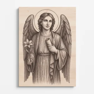 Dřevěná rytina archanděla Gabriela s lilií a svitkem, symbolem čistoty a Božího poselství.