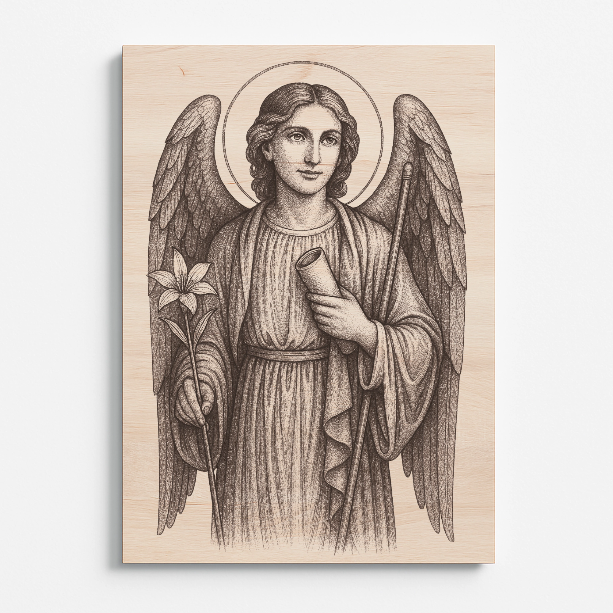 Dřevěná rytina archanděla Gabriela s lilií a svitkem, symbolem čistoty a Božího poselství.