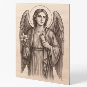 Detailní rytina archanděla Gabriela na dřevěné desce s lilií a svitkem v rukou.
