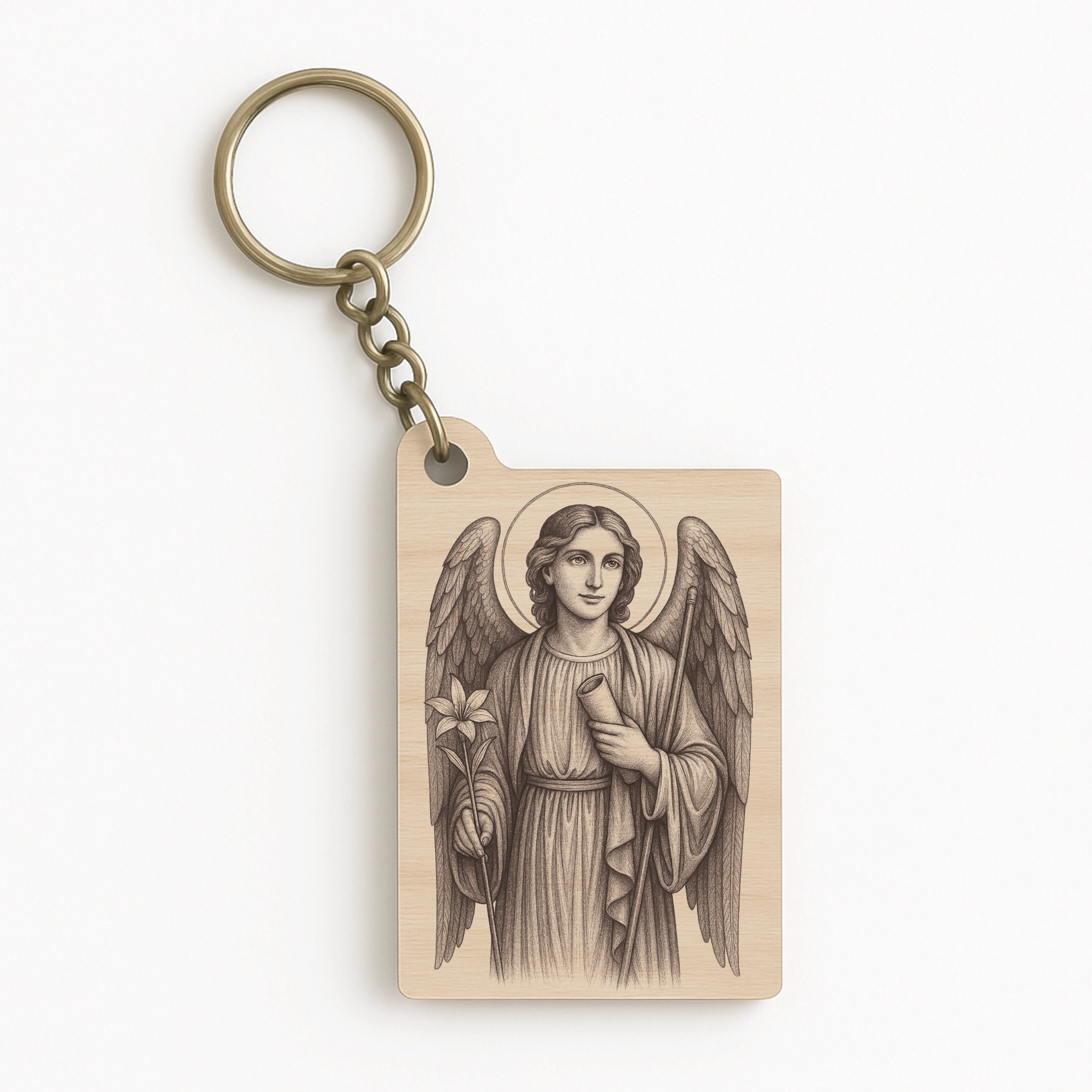 Dřevěná klíčenka s vyobrazením archanděla Gabriela, držícího svitek a lilii.