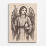 Dřevěná rytina archanděla Rafaela s holí, nádobou a rybou – symbol Božího uzdravení.