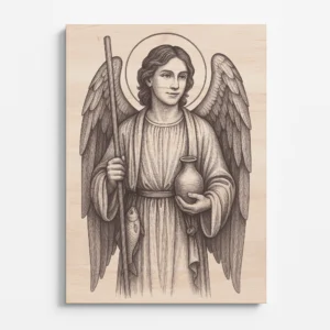 Dřevěná rytina archanděla Rafaela s holí, nádobou a rybou – symbol Božího uzdravení.