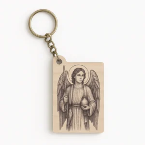 Dřevěná klíčenka s motivem archanděla Rafaela, patrona zdraví a cestovatelů.