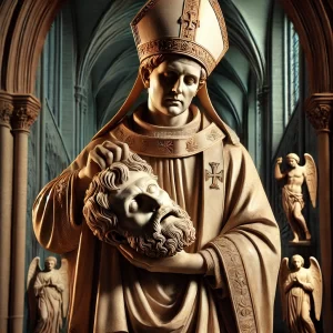 Obrázek zobrazuje kamennou sochu sv. Dionýsia v biskupském rouchu, držící svou useknutou hlavu. Pozadí tvoří gotická katedrála s anděly.