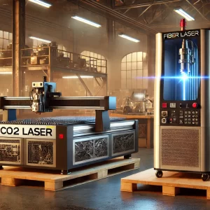 Porovnání CO2 laseru a fiber laseru v průmyslovém prostředí. CO2 laser s červeným paprskem pro dřevo a akryl, fiber laser s modrým paprskem pro kovy.