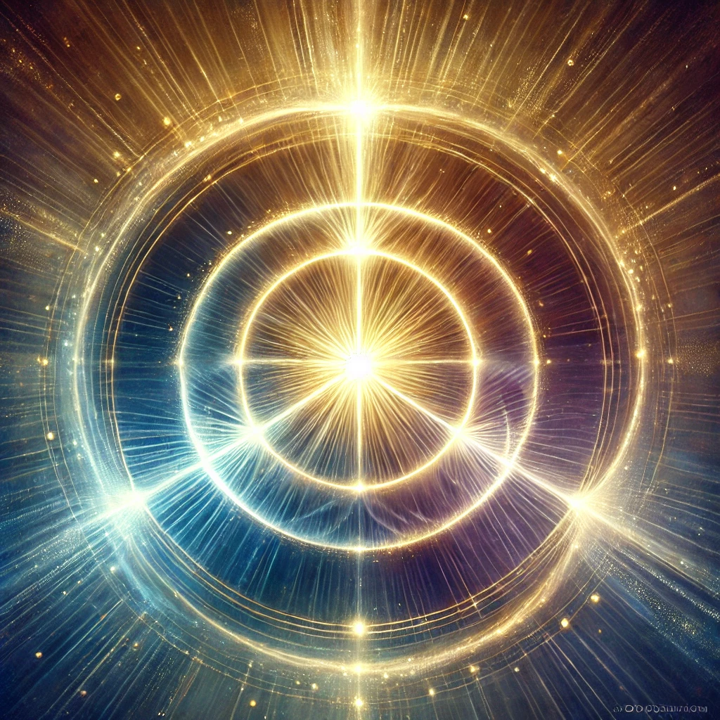 Symbolika tohoto obrazu spočívá v dynamickém zobrazení tajemství perichoreze, tedy vzájemného pronikání Otce, Syna a Ducha svatého. Tři světelné paprsky se sbíhají do jednoho centrálního bodu, což znázorňuje jejich dokonalou jednotu a společnou božskou podstatu. Kruhová kompozice odkazuje na nekonečný pohyb lásky, v níž se božské osoby neustále dávají jedna druhé, aniž by ztrácely svou jedinečnost. Zlaté linie upevňují harmonii, zatímco mystická záře projasňuje hloubku tajemství, jež přesahuje lidské chápání. Tento obraz není dokonalým vyjádřením Boží Trojice, ale jen pokusem přiblížit toto neuchopitelné tajemství skrze světlo a pohyb.