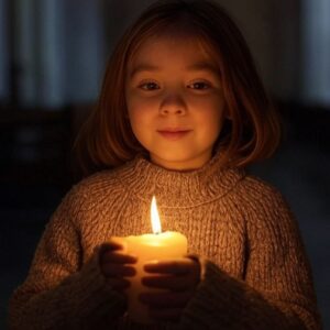 Holčička co drží v ruce svíci v kostele