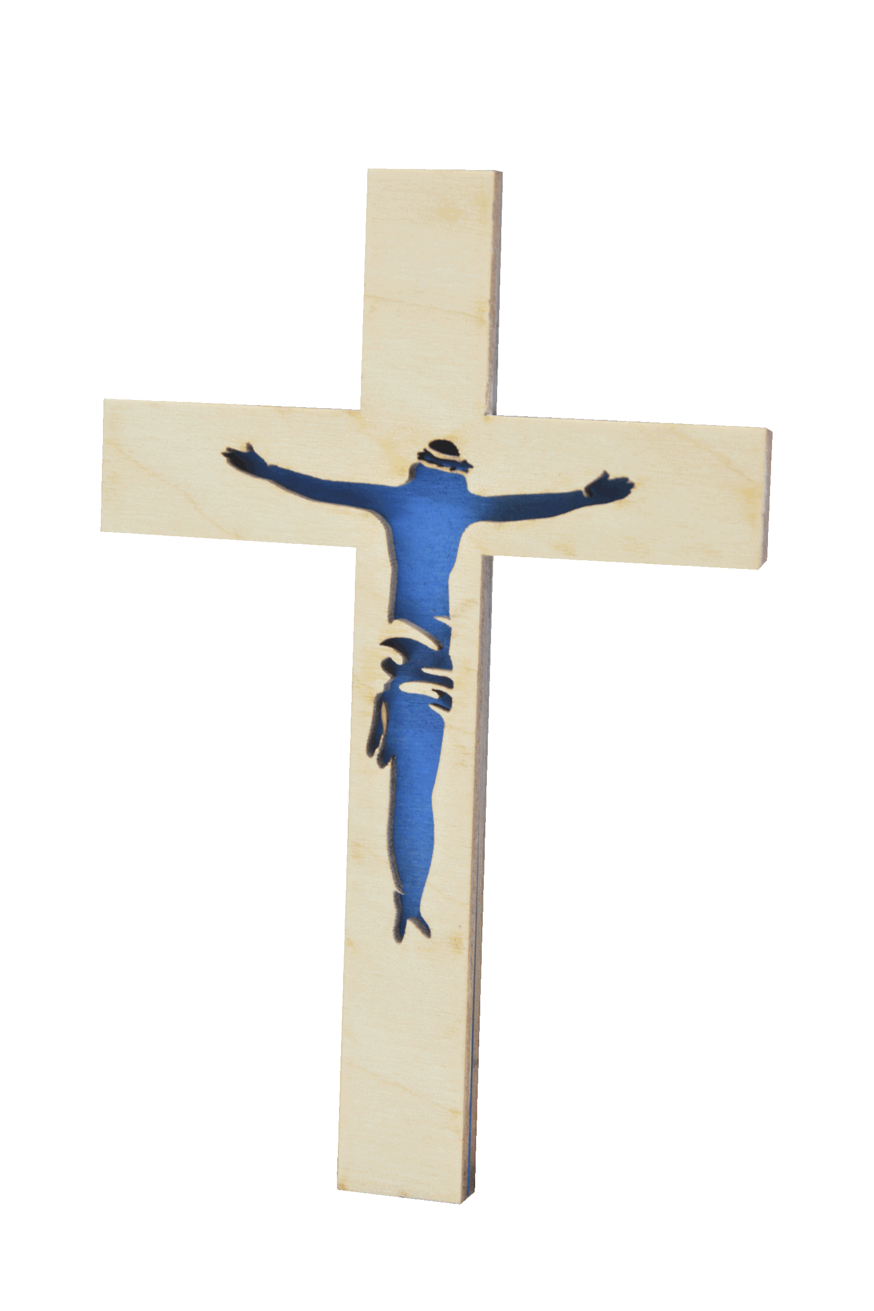 Kříž se siluetou Krista - dřevěný - modrý