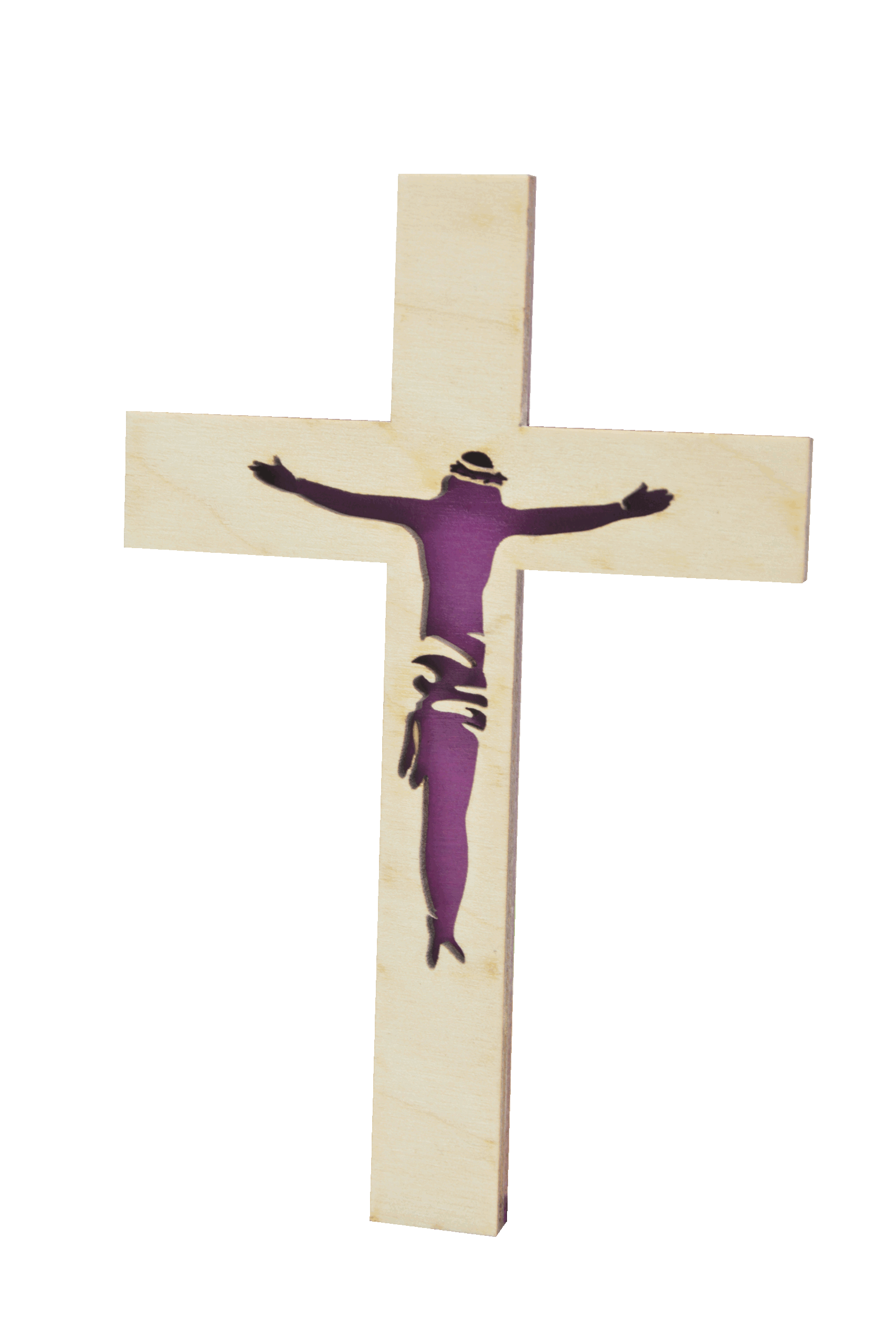 Kříž se siluetou Krista - dřevěný - fialový