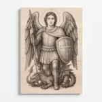 Dřevěná rytina archanděla Michaela s kopím a štítem, jak přemáhá draka – symbol vítězství dobra nad zlem.