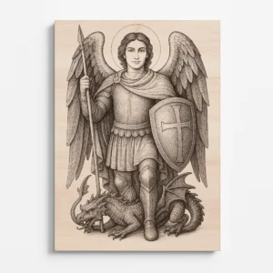 Dřevěná rytina archanděla Michaela s kopím a štítem, jak přemáhá draka – symbol vítězství dobra nad zlem.