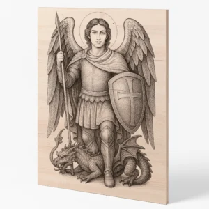 Detailní rytina archanděla Michaela na dřevěné desce se štítem a přemoženým drakem u nohou.