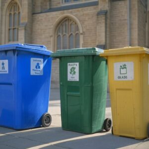 Kontejnery na tříděný odpad u kostela - ekologie vs. křesťanství