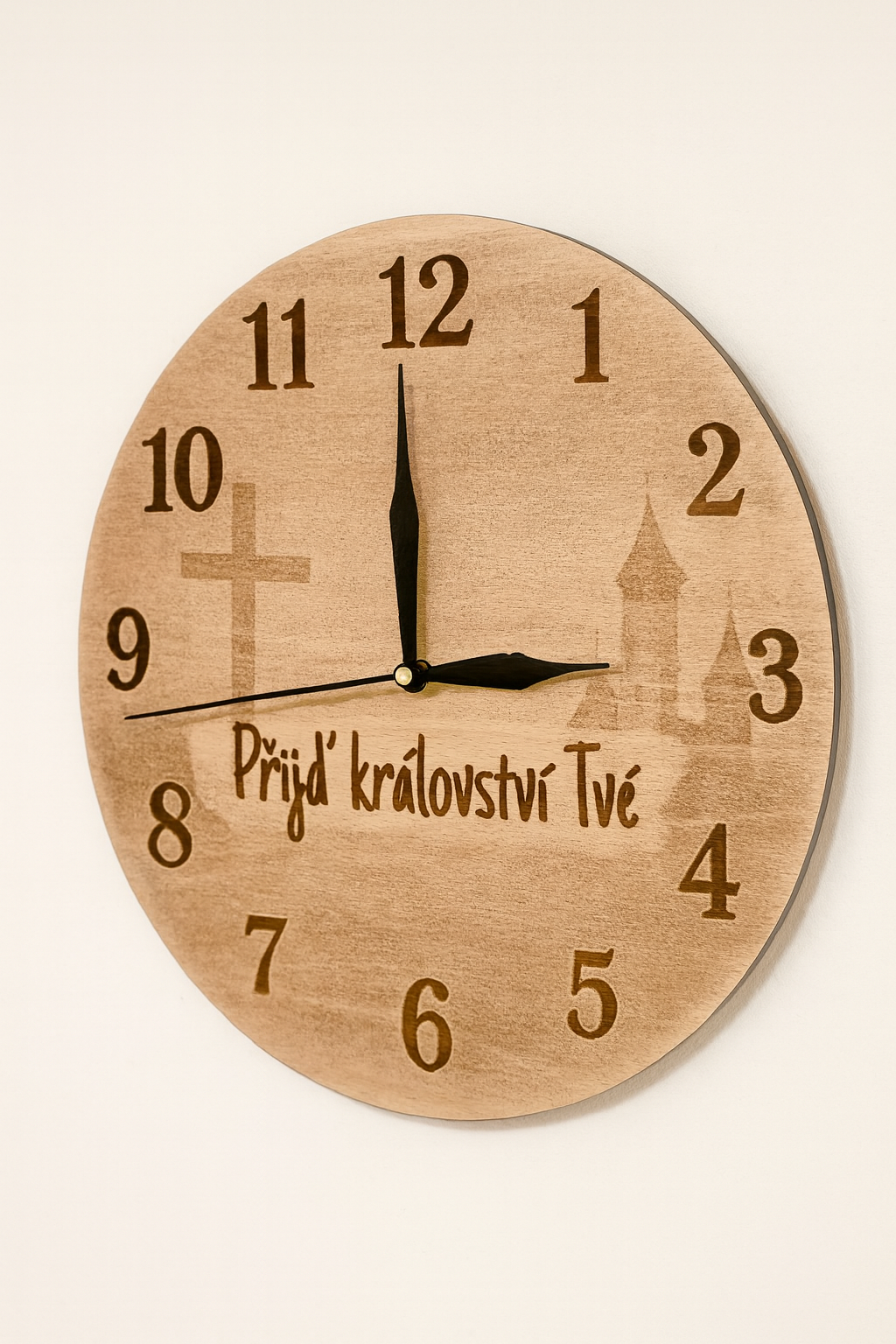 Křesťanské hodiny z přírodního dřeva – Přijď království Tvé