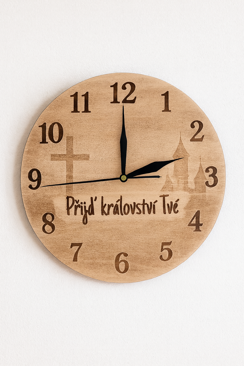 Křesťanské hodiny z přírodního dřeva – Přijď království Tvé