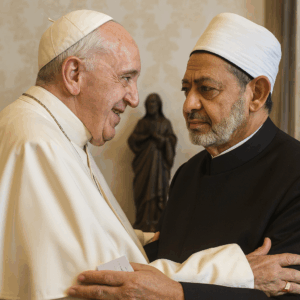 Papež František si potřásá rukou s velkým imámem Ahmadou al-Tayyibem, gesto přátelství a mezináboženského dialogu