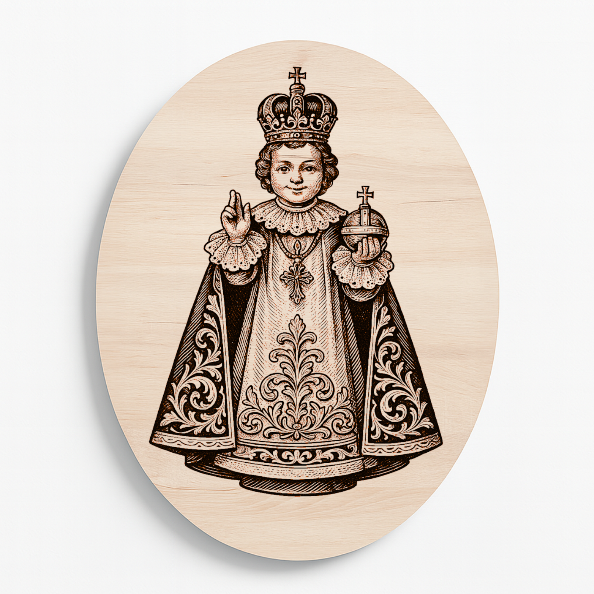 Ilustrace Pražského Jezulátka s korunou, žezlem a zdobeným pláštěm, vyrytá na dřevěné oválné destičce.