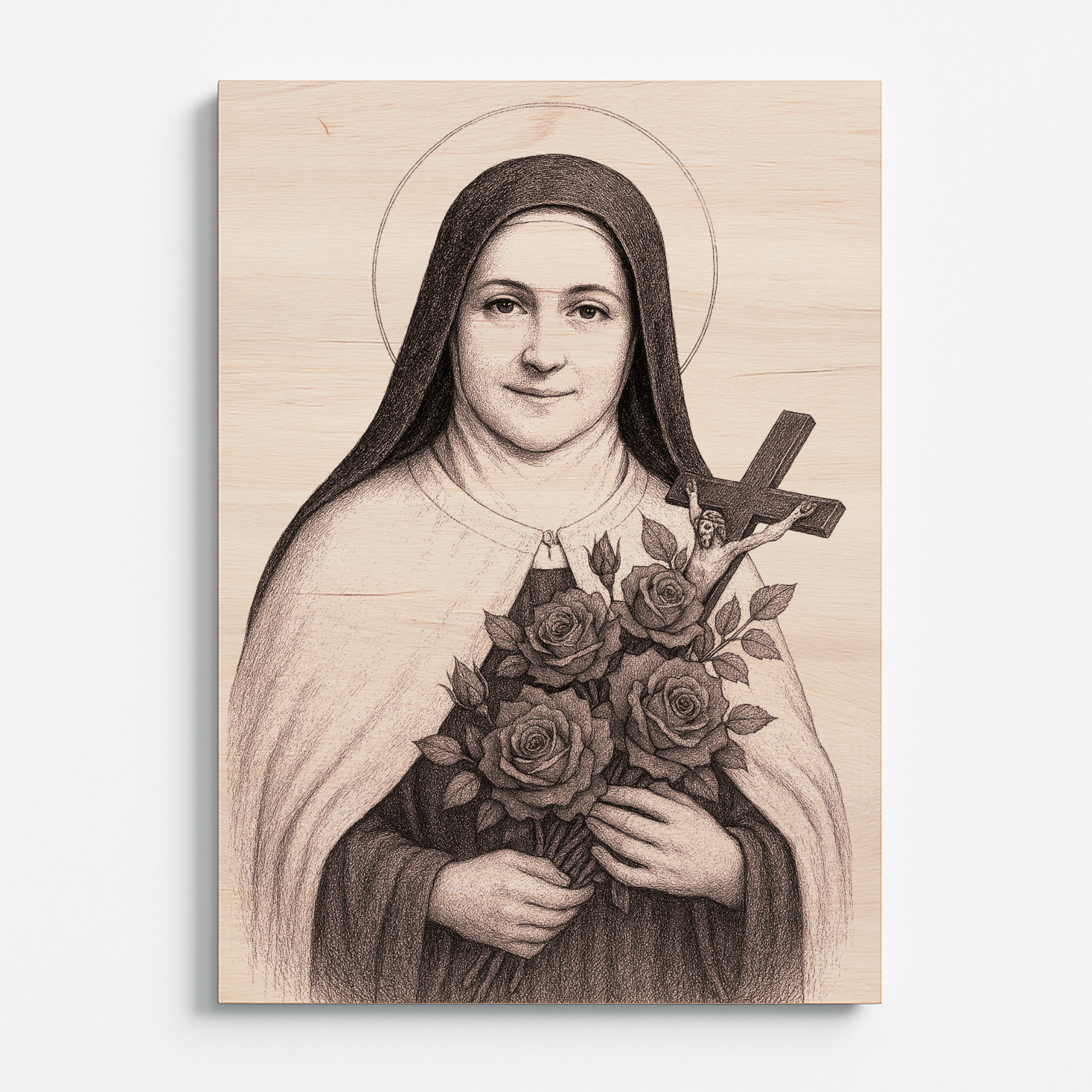 Gravírovaný obraz svaté Terezie z Lisieux s růžemi a křížem, vyrytý do bukové překližky.