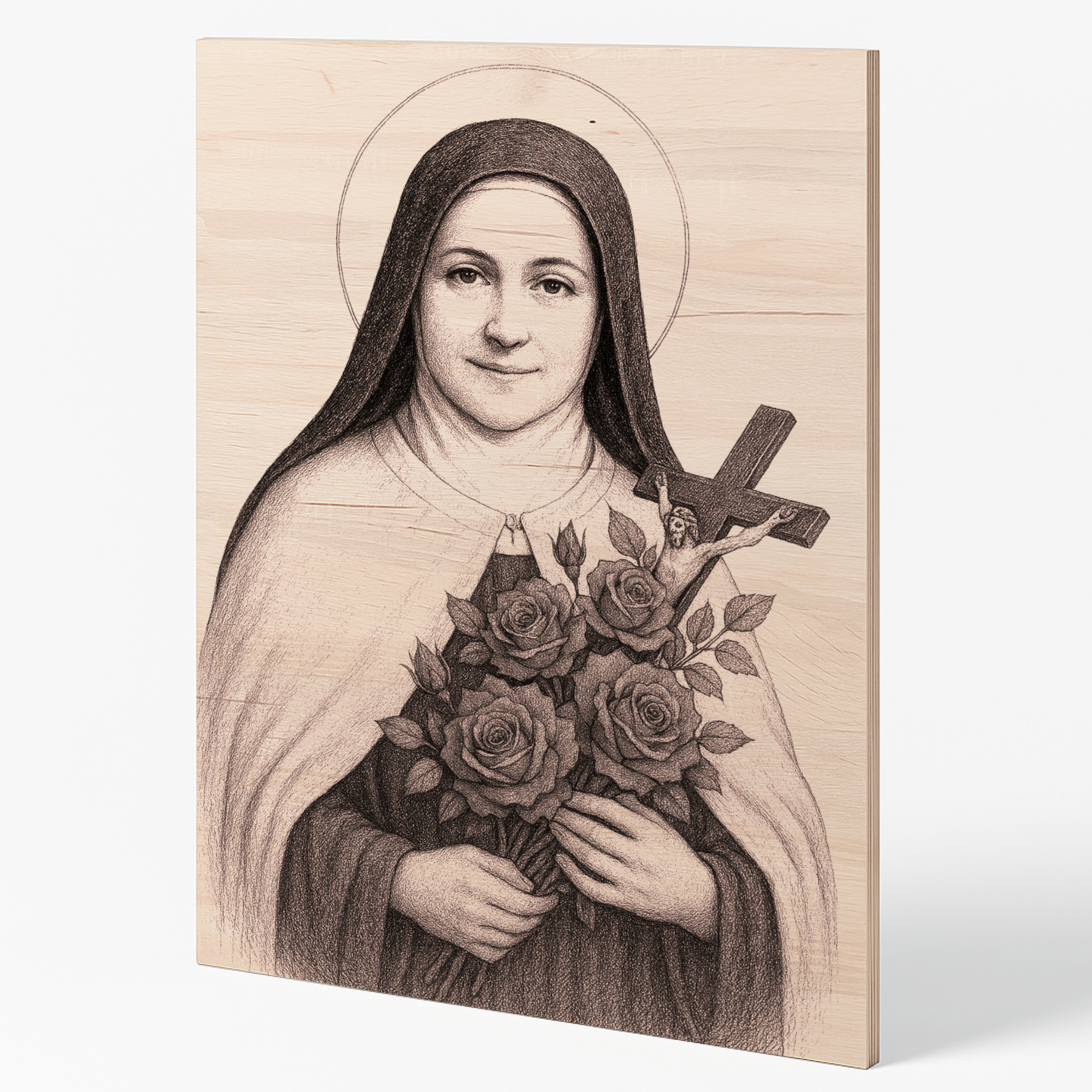 Dřevěná klíčenka s gravírovaným motivem svaté Terezie z Lisieux, vyrobená z bukové překližky