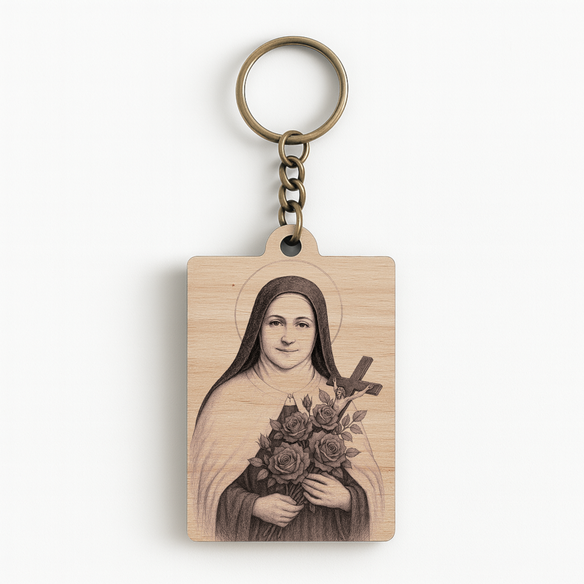 Dřevěná klíčenka s gravírovaným motivem svaté Terezie z Lisieux, vyrobená z bukové překližky