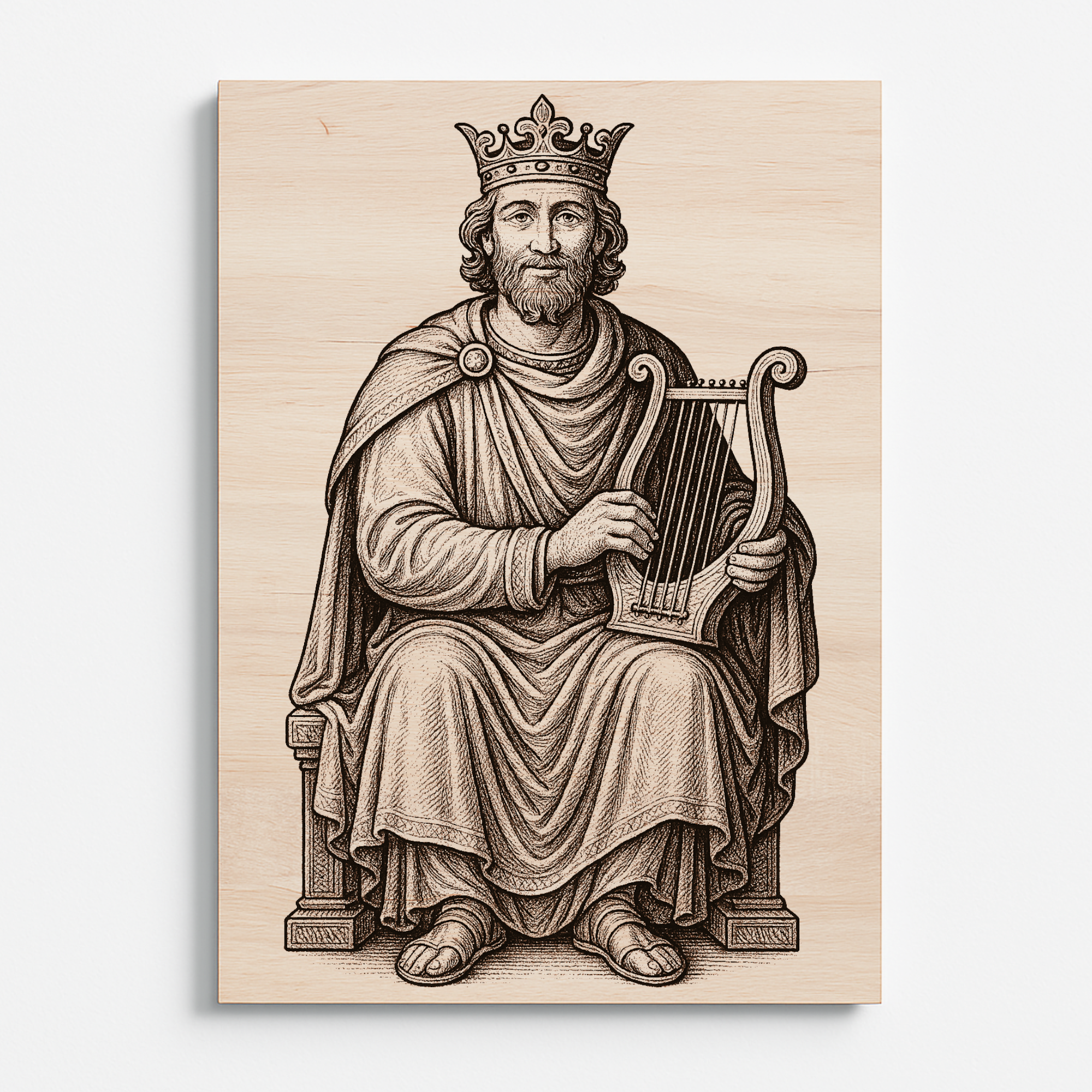 Gravírovaný obraz krále Davida s harfou na bukové překližce, čelní pohled