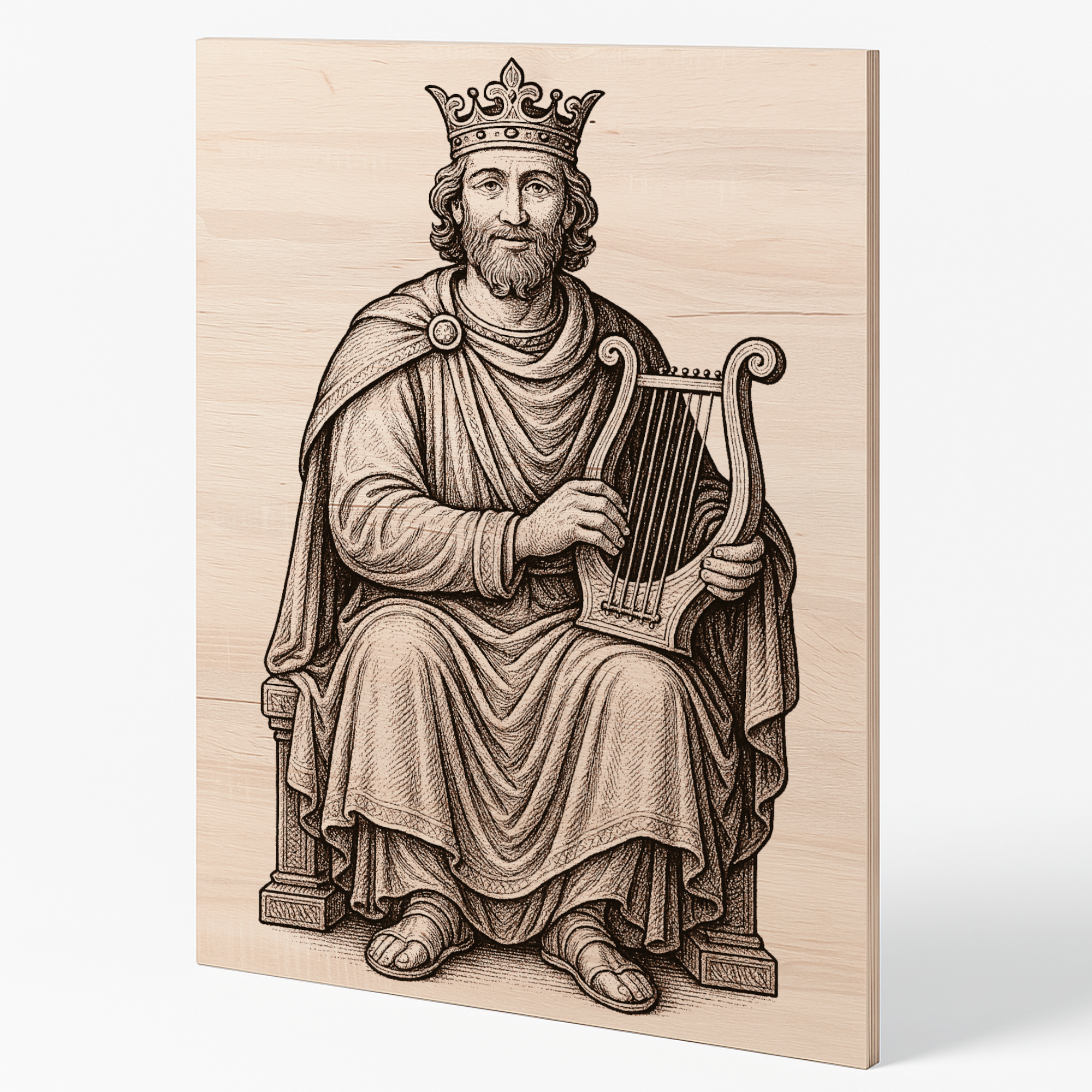 Gravírovaný obraz krále Davida s harfou na bukové překližce, pohled z boku