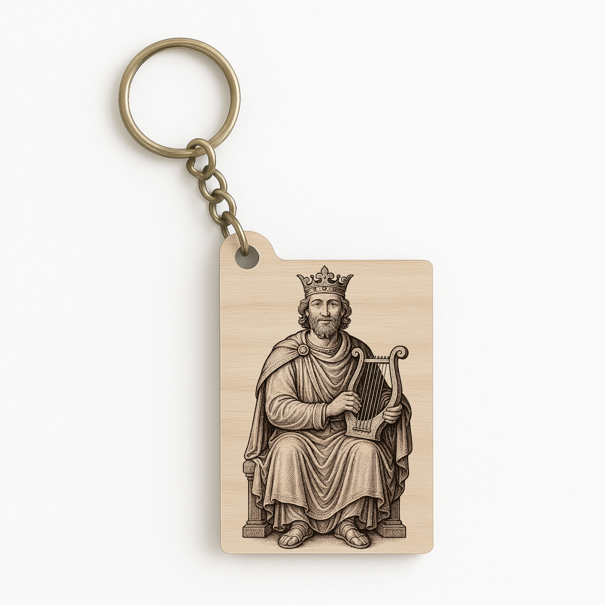 Dřevěná klíčenka z bukové překližky s gravírovaným motivem krále Davida s harfou
