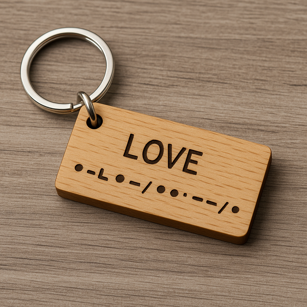 Gravírovaná dřevěná klíčenka s nápisem LOVE v Morseově abecedě – stylový a romantický doplněk.