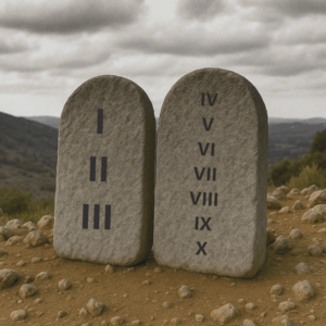 Dvě kamenné desky s vytesanými římskými čísly představující Desatero Božích přikázání, položené na kamenité zemi v horské krajině pod zataženou oblohou.