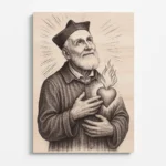 Dřevěná rytina svatého Filipa Neriho s planoucím srdcem, symbolem jeho vroucí lásky k Bohu.