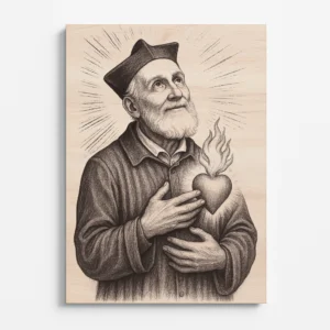 Dřevěná rytina svatého Filipa Neriho s planoucím srdcem, symbolem jeho vroucí lásky k Bohu.