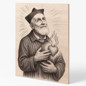 Detailní rytina svatého Filipa Neriho na dřevěné desce, s rukou na srdci a pohledem k nebi.