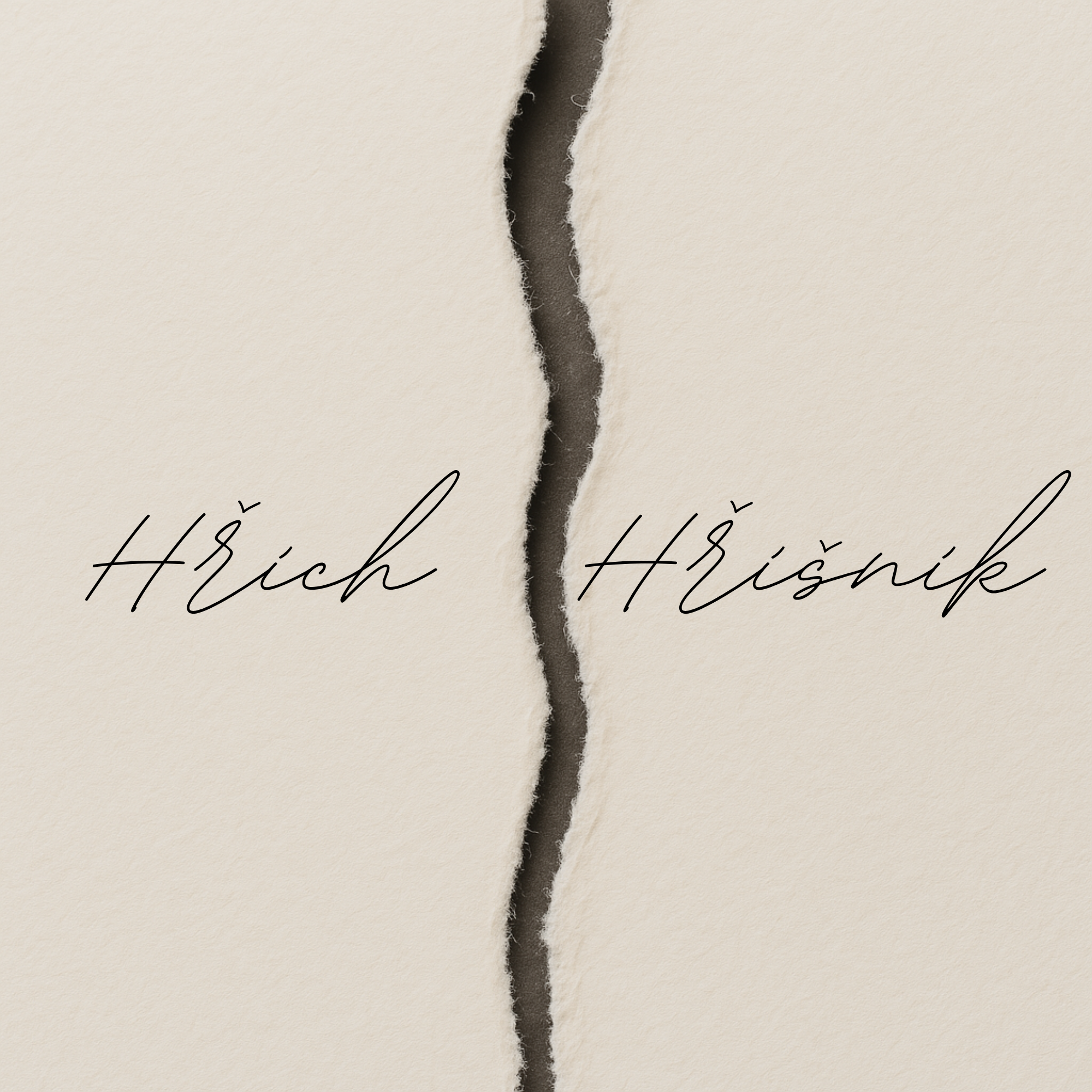 Roztržený list papíru, který symbolicky odděluje slovo „Hřích“ od slova „Hříšník“.