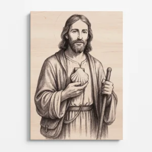 Vygravírovaný obraz svatého Jakuba na bukové překližce, apoštol s holí a mušlí – patron poutníků.