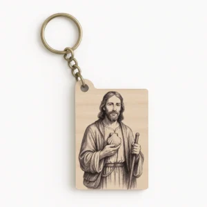 Dřevěná klíčenka s vygravírovaným motivem svatého Jakuba, apoštola s poutnickou holí a mušlí.