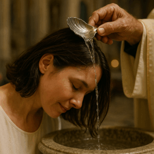 Detailní záběr zachycuje křest dospělé ženy v katolickém kostele. Žena má skloněnou hlavu nad kamennou křtitelnicí, po vlasech jí stéká proud vody, kterou jí na temeno jemně lije kněz ze stříbrné mušle. Na pozadí je vidět oltář, svíce a zlaté světlo, které dopadá na její vlhké vlasy a zvýrazňuje klidný, odevzdaný výraz víry a vnitřního pokoje.