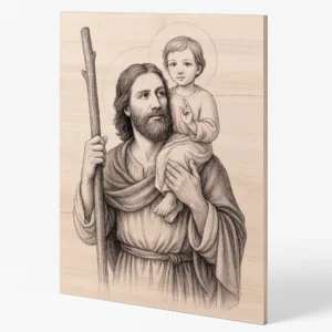 Ručně gravírovaný obraz svatého Kryštofa na bukové překližce, z profilu.