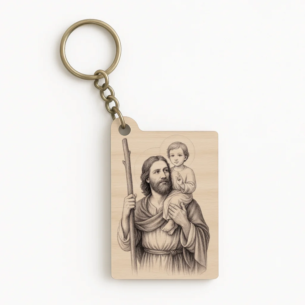 Dřevěná klíčenka se svatým Kryštofem, patronem řidičů a cestovatelů.