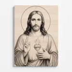 ChatGPT řekl: Gravírovaný obraz Nejsvětějšího Srdce Ježíšova na bukové překližce, pohled zepředu.