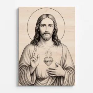 ChatGPT řekl: Gravírovaný obraz Nejsvětějšího Srdce Ježíšova na bukové překližce, pohled zepředu.