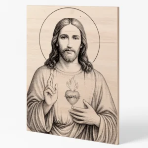 Dřevěný obraz Nejsvětějšího Srdce Ježíšova s jemným gravírováním, pohled z boku.