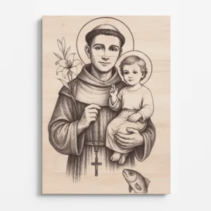 Sv. Antonín Paduánský s Ježíškem – dřevěný obraz gravírovaný do bukové překližky, katolická ikona, křesťanský dar