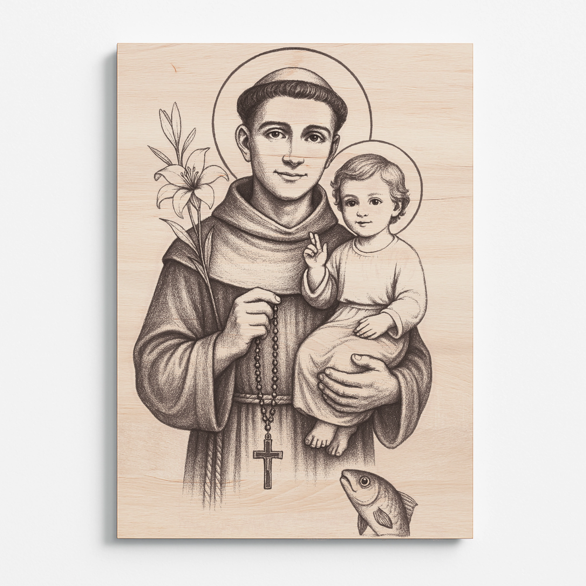 Sv. Antonín Paduánský s Ježíškem – dřevěný obraz gravírovaný do bukové překližky, katolická ikona, křesťanský dar