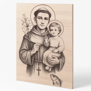 Gravírovaná ikona svatého Antonína Paduánského s Ježíškem a lilí, dřevěný svatý obraz z bukové překližky
