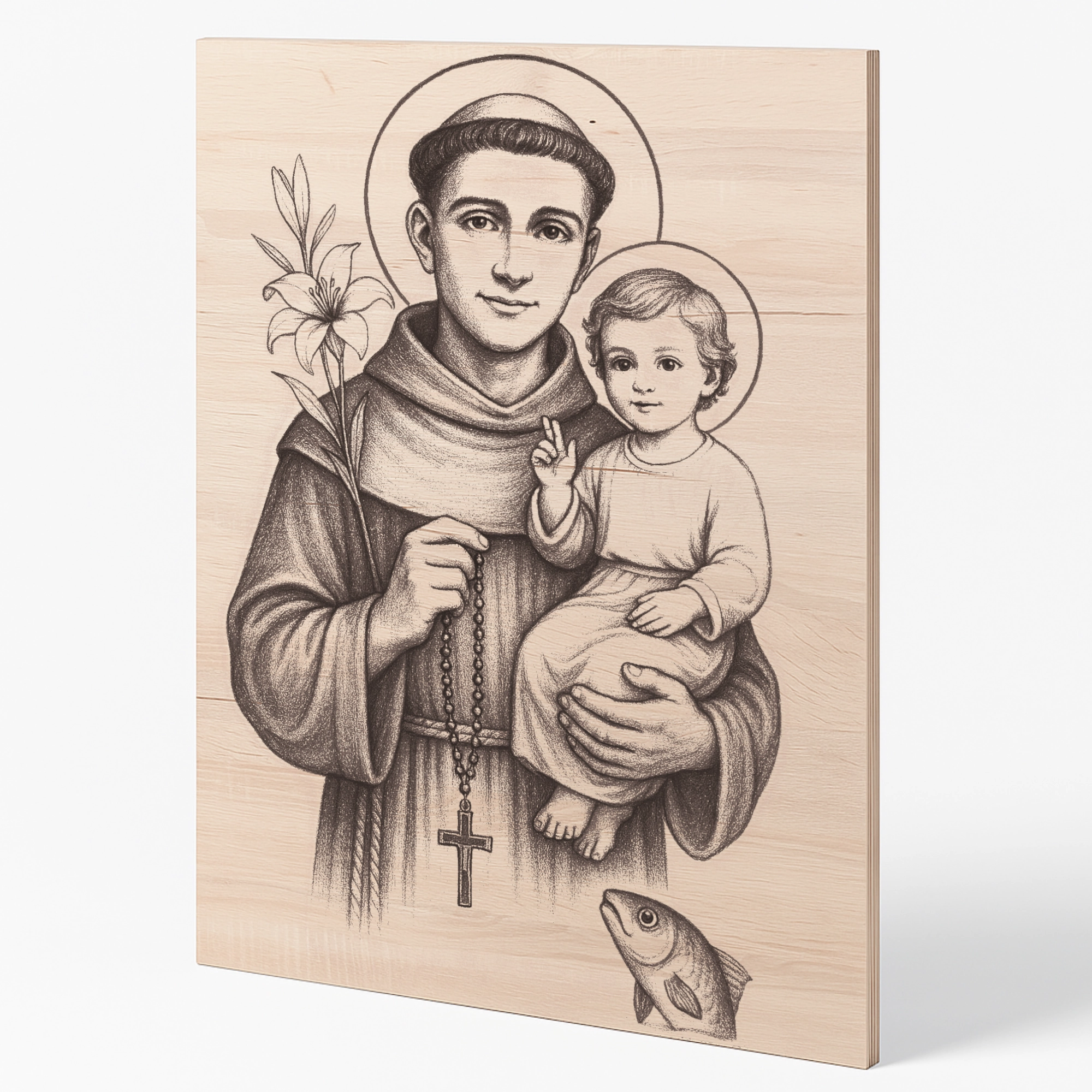 Gravírovaná ikona svatého Antonína Paduánského s Ježíškem a lilí, dřevěný svatý obraz z bukové překližky