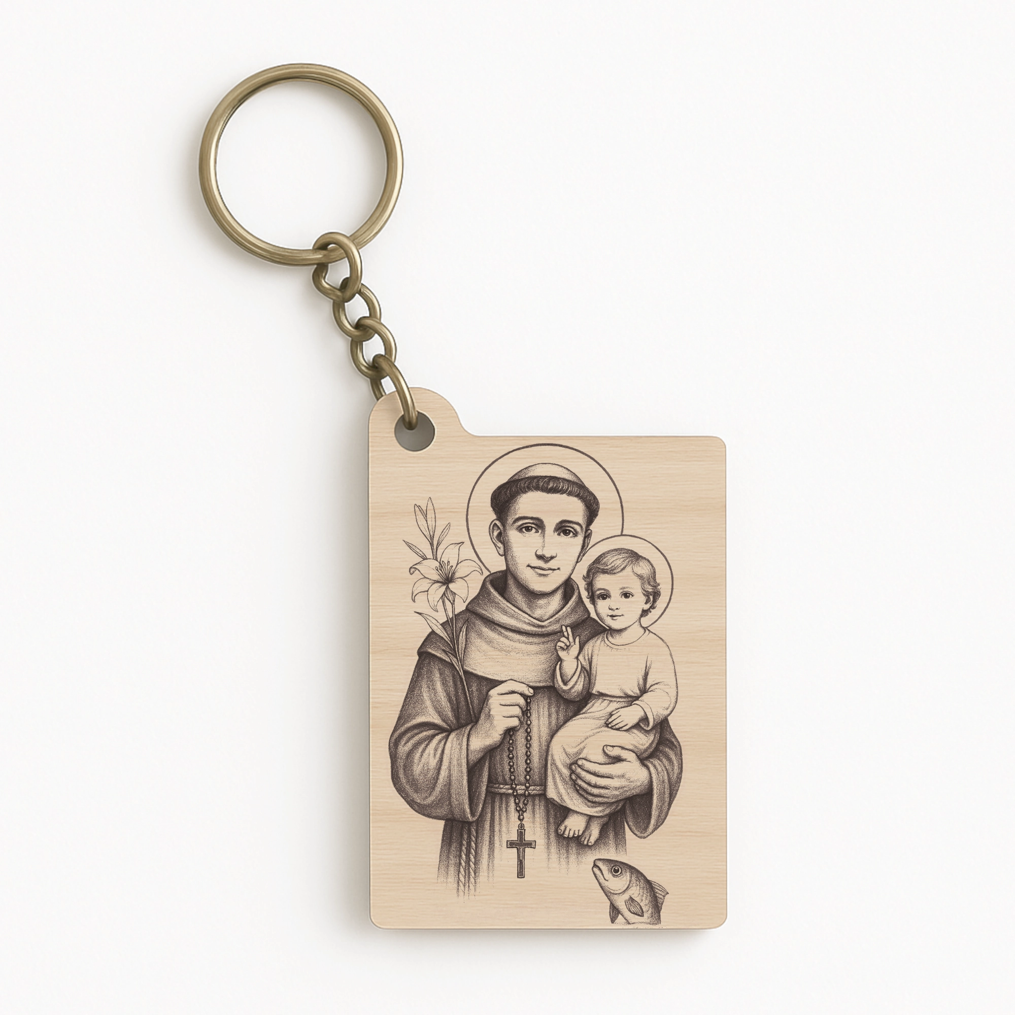 Dřevěná klíčenka se svatým Antonínem Paduánským a Ježíškem, křesťanský přívěsek, gravírovaný svatý patron