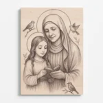 Obraz svaté Anny učící malou Marii číst, gravírovaný do dřeva. (Informativní obrázek – zobrazuje náboženský motiv, který má duchovní a estetický význam.)