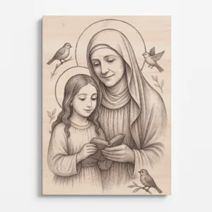 Obraz svaté Anny učící malou Marii číst, gravírovaný do dřeva. (Informativní obrázek – zobrazuje náboženský motiv, který má duchovní a estetický význam.)